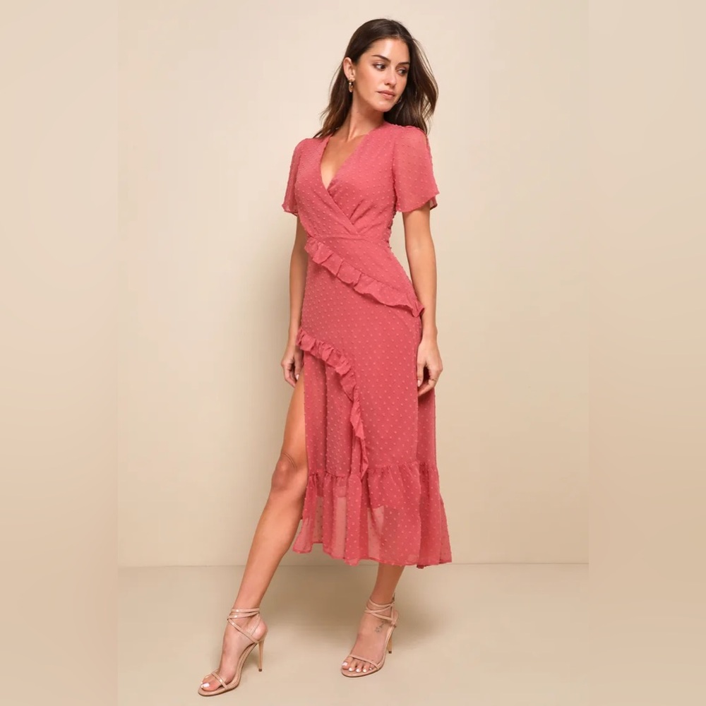 Lulus Next to You Rusty Rose Swiss Dot Ruffled Midi Dress